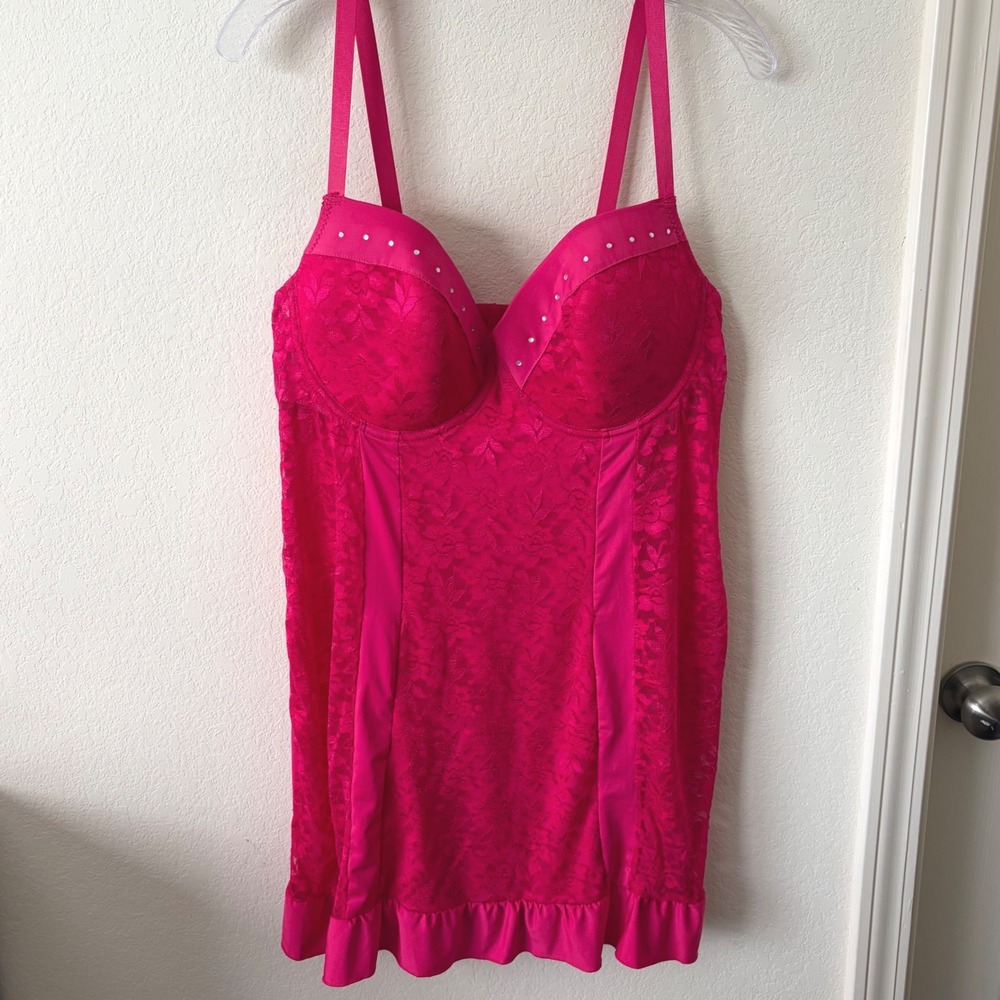 Y2K Hot Pink Floral Lace Rhinestone Bustier Chemise Slip Dress Size 2X